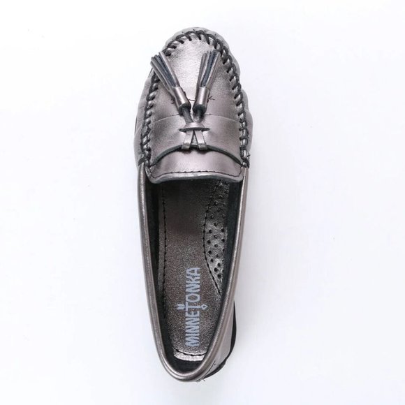 EUC Minnetonka 419T Grace Leather Moccasin Loafer Tassels Gunmetal - Picture 1 of 12